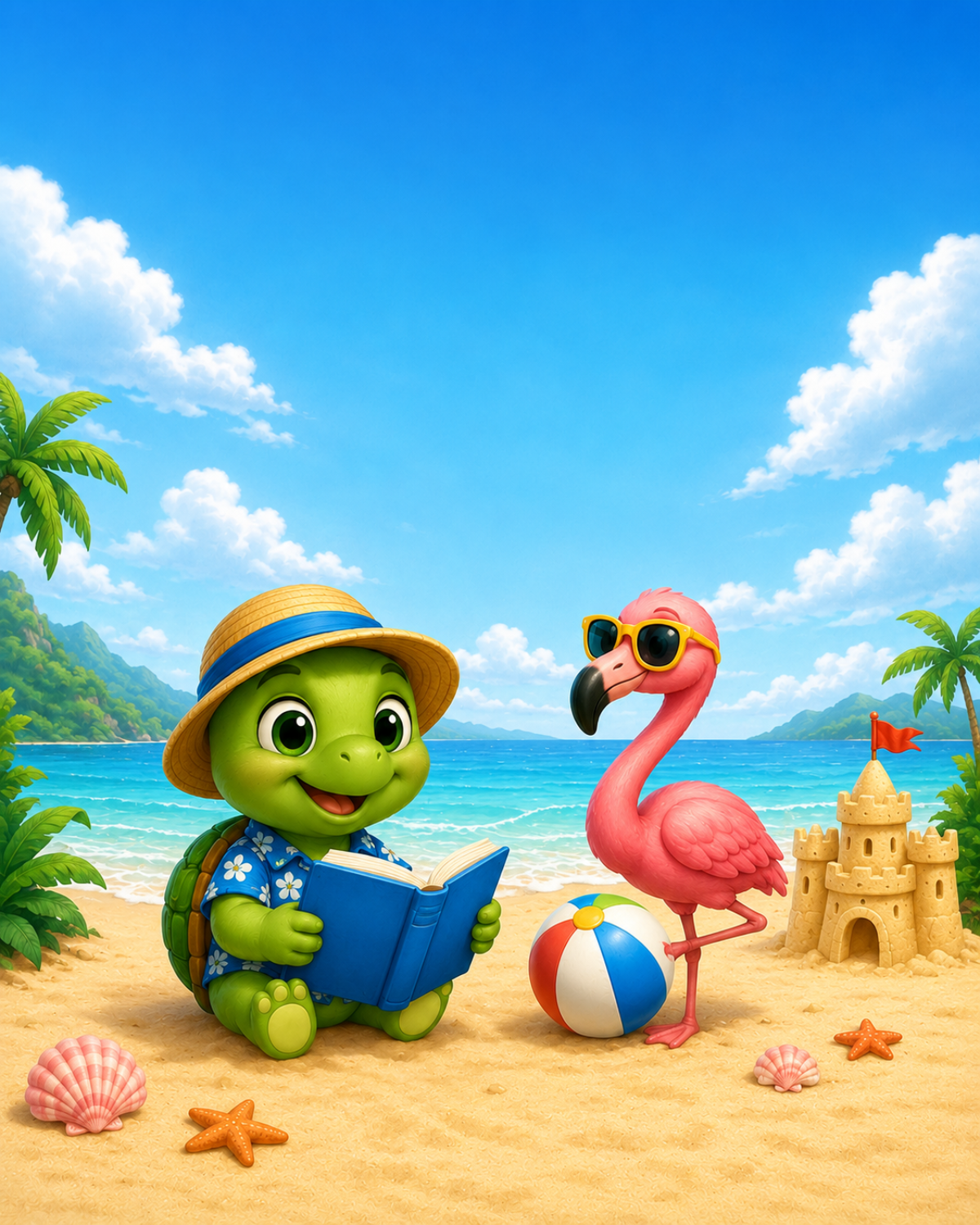 Toby the turtle reading with a flamingo on the beach — 1st grade summer reading