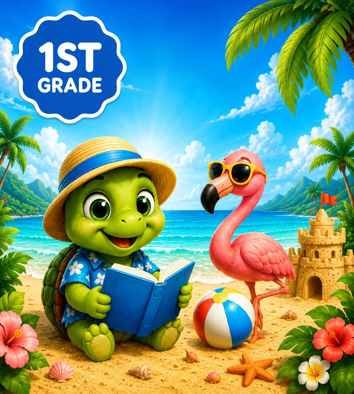 Toby the turtle reading with a flamingo on the beach — 1st grade summer reading