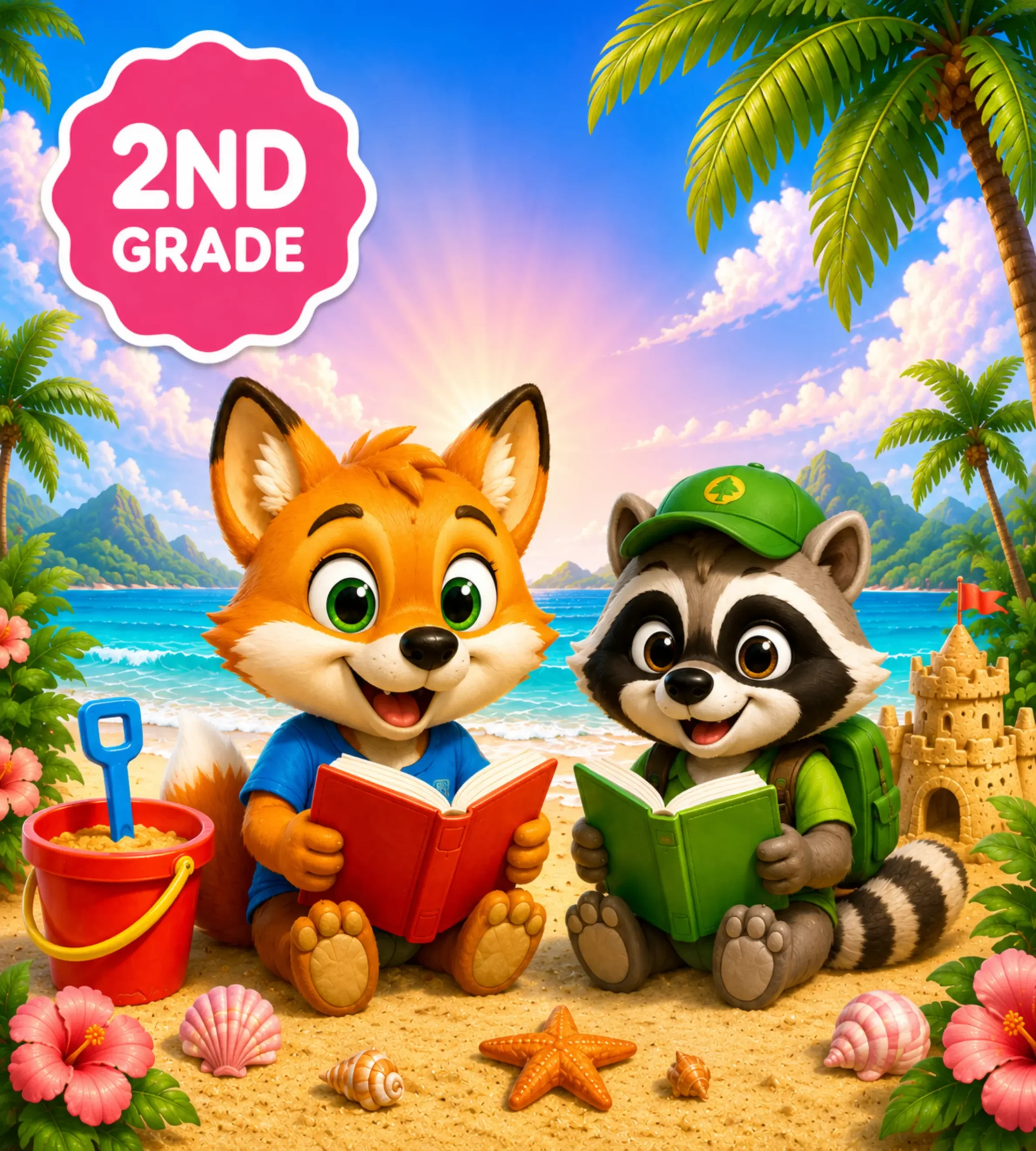Finn the fox and Rocky the raccoon reading at the beach — 2nd grade summer reading