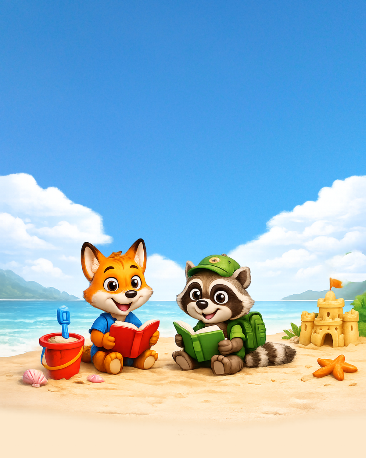 Finn the fox and Rocky the raccoon reading at the beach — 2nd grade summer reading