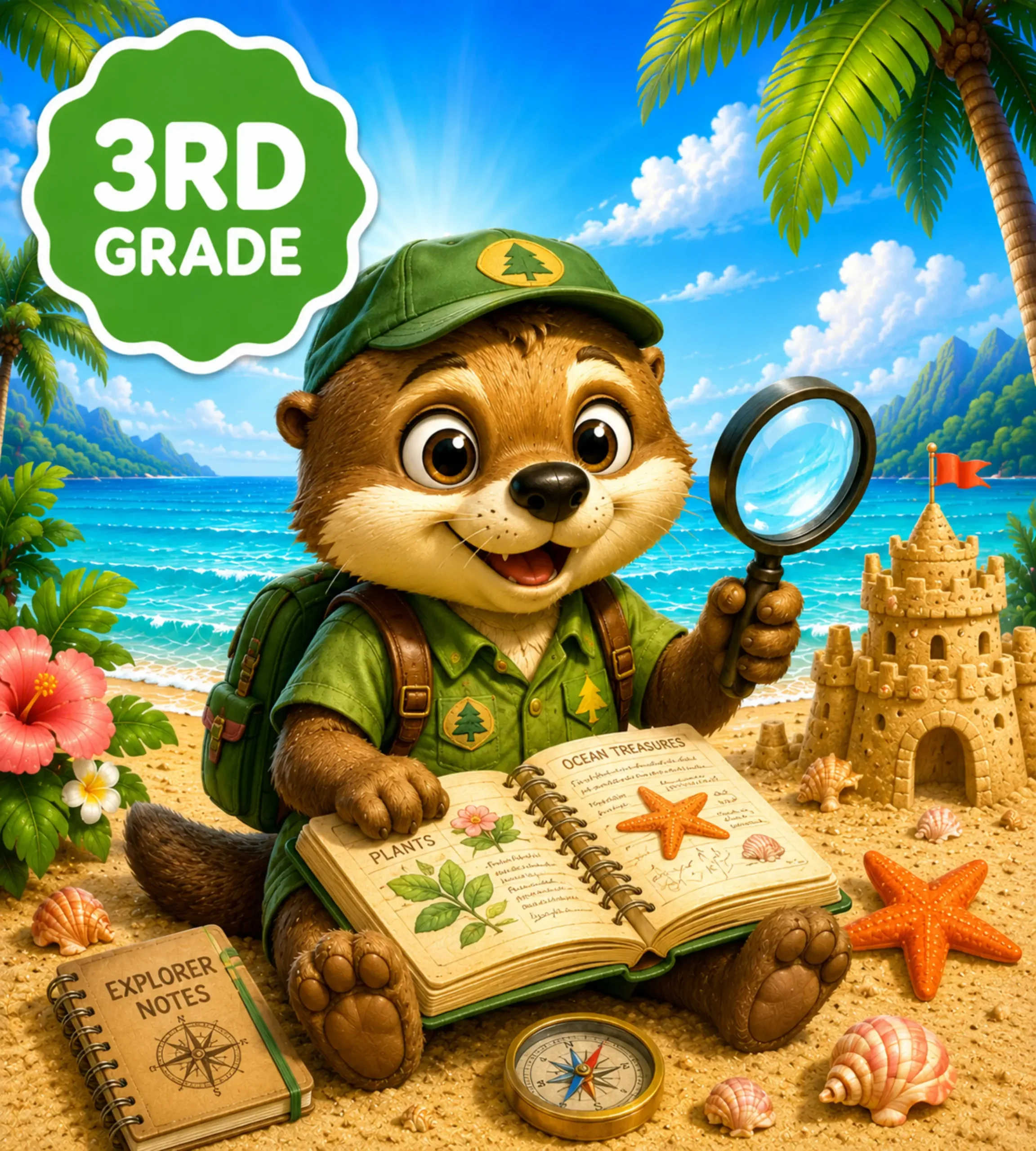 Oliver the otter exploring with a magnifying glass on the beach — 3rd grade summer reading