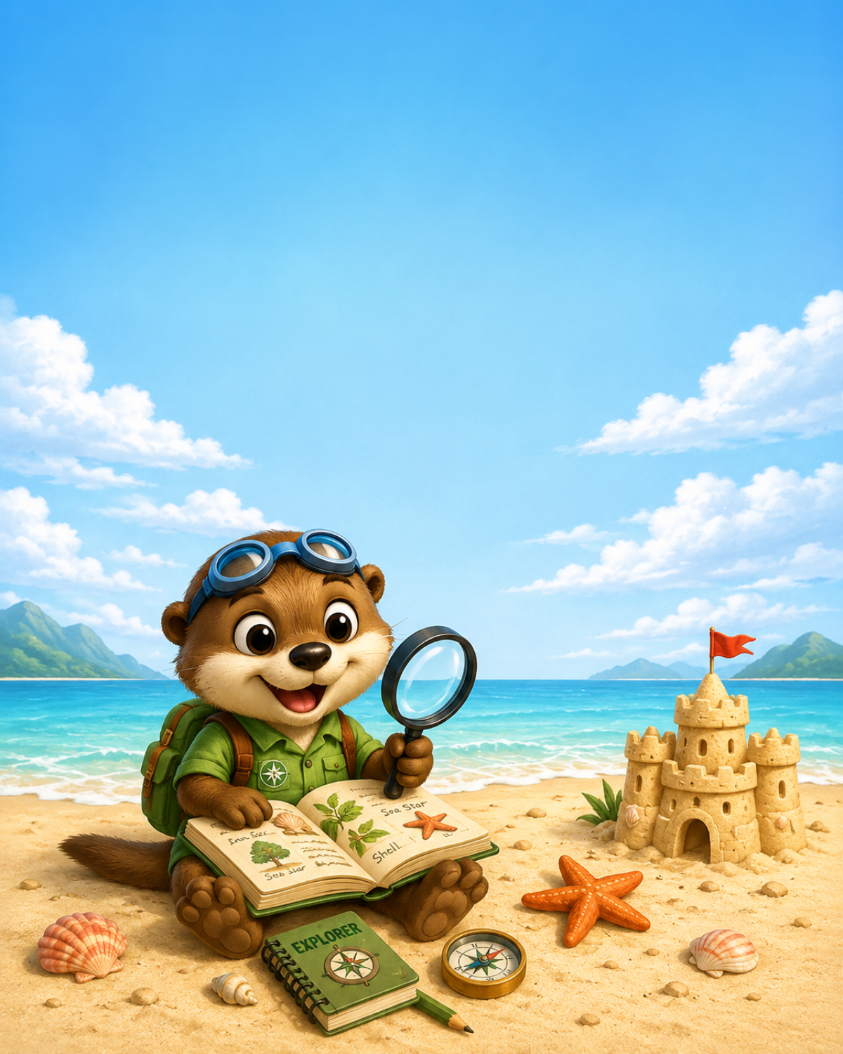 Oliver the otter exploring with a magnifying glass on the beach — 3rd grade summer reading