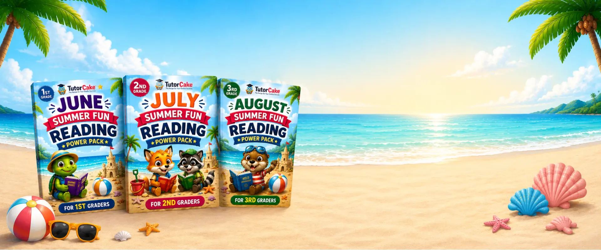 June, July, and August Summer Fun Reading Power Packs on a sunny beach